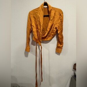 Golden Satin Long Sleeve Wrap Crop